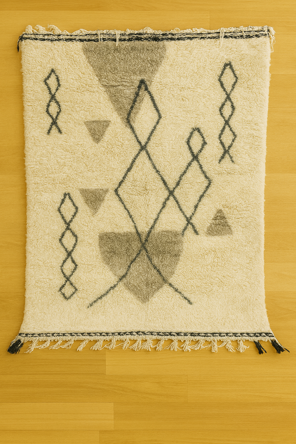 Tapis berbère en laine écru à motifs gris et noirs