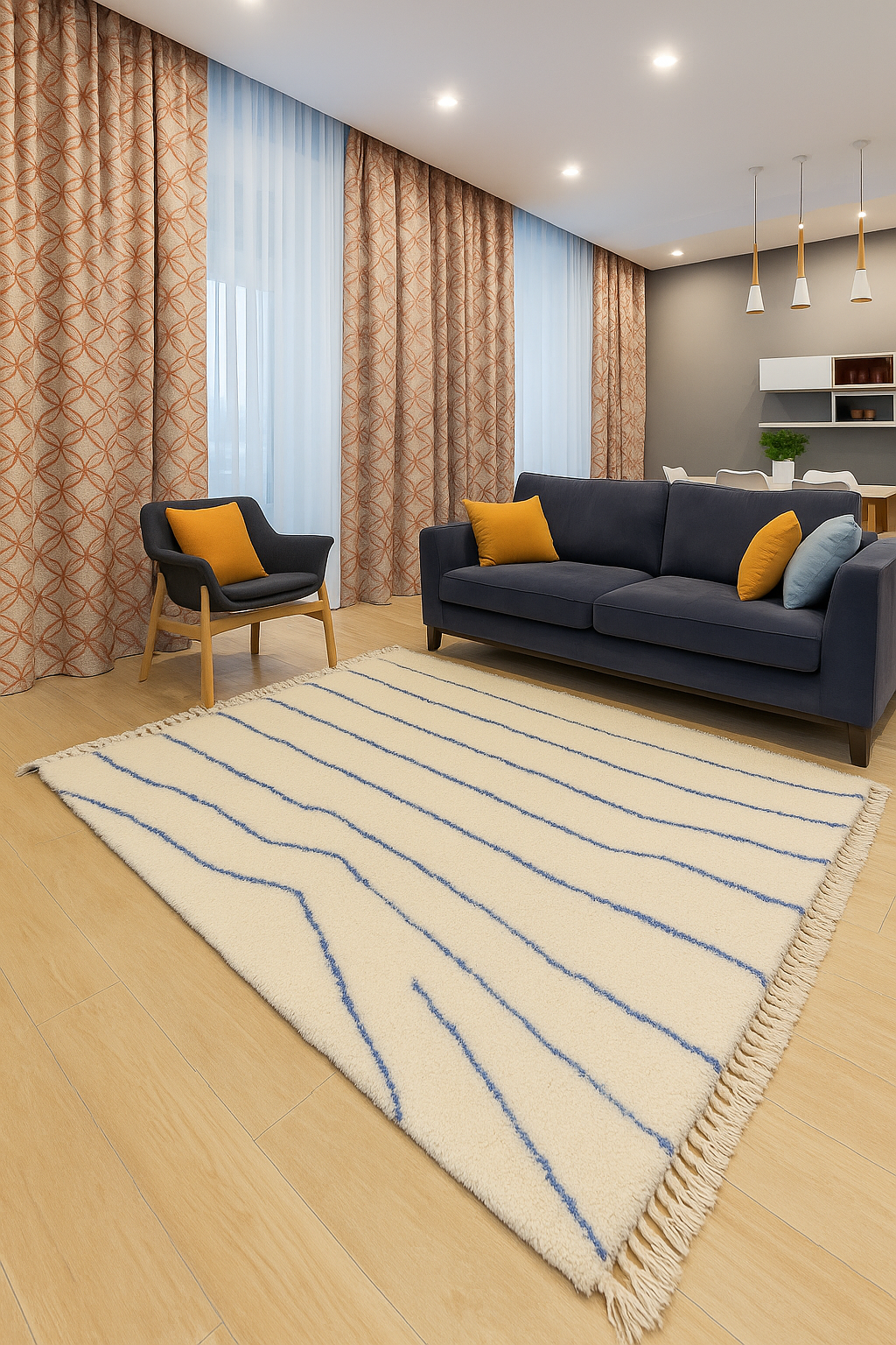 Tapis berbère en laine écru à lignes bleues