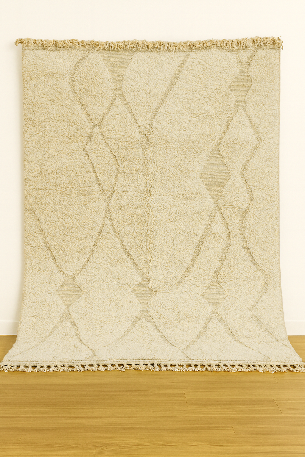 Tapis marocain en laine écru à motifs ton sur ton