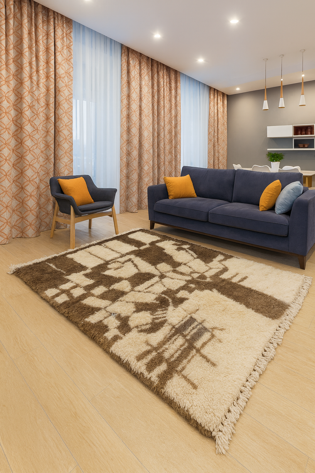 Tapis berbère en laine écru et marron à motifs géométriques