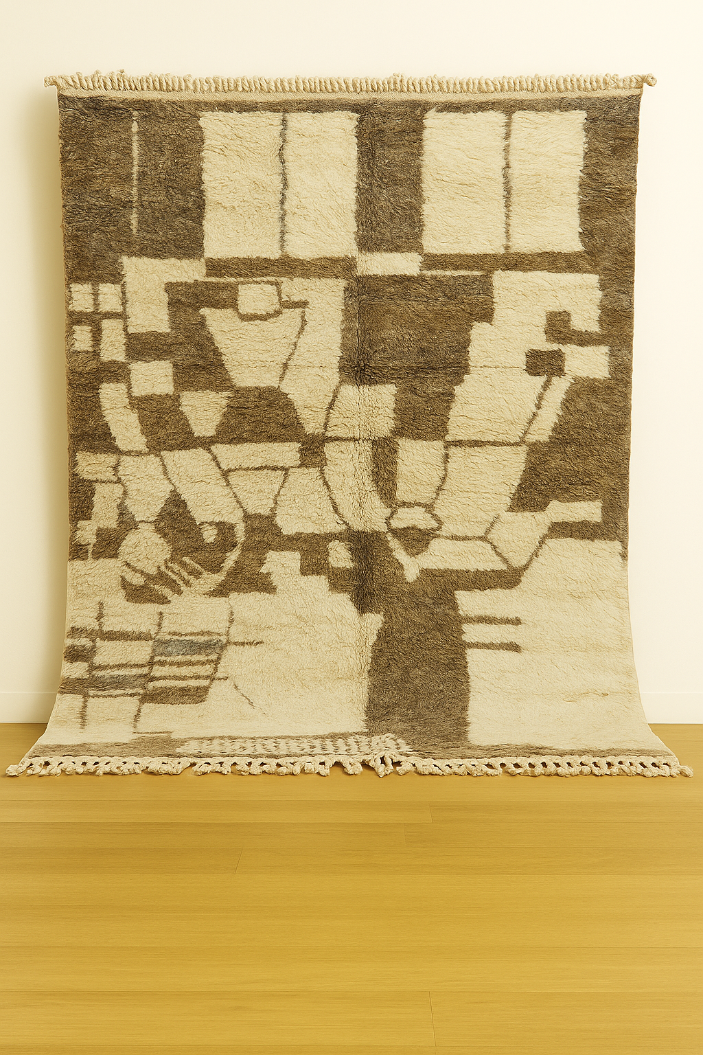 Tapis berbère en laine écru et marron à motifs géométriques